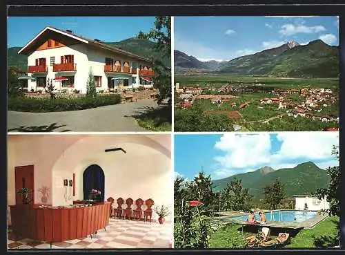 AK Lana bei Meran, Panoramaansicht der Stadt, Pension Ausserdorfer, an der Rezeption, am Pool