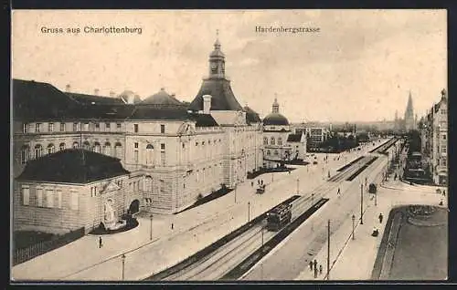 AK Berlin-Charlottenburg, Hardenbergstrasse mit Strassenbahn, Kaiser Wilhelm Gedächniskirche