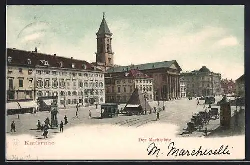 AK Karlsruhe, Der Marktplatz mit Strassenbahn