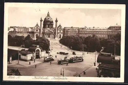 AK Wien, Karlsplatz mit Karlskirche und Strassenbahn