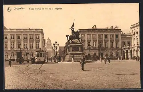 AK Bruxelles, Place Royale et rue de la Règence, Strassenbahn