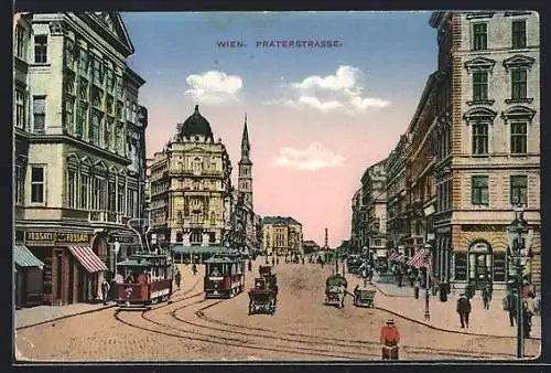 AK Wien, Strassenbahn auf der Praterstrasse, Pferdekutschen, Fossati