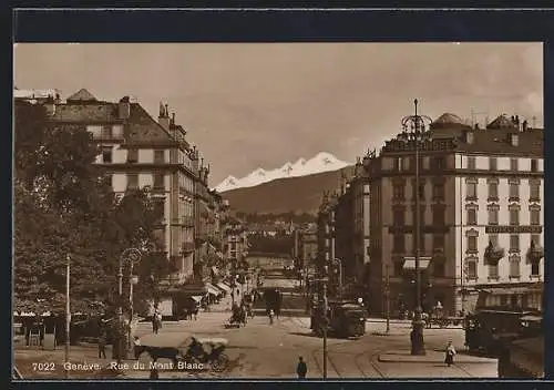 AK Genève, Rue du Mont Blanc, Strassenbahn