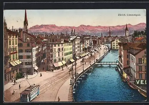 AK Zürich, Limmatquai mit Strassenbahn