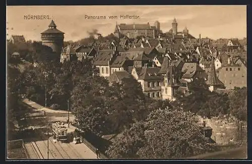 AK Nürnberg, Panorama vom Hallertor mit Strassenbahn