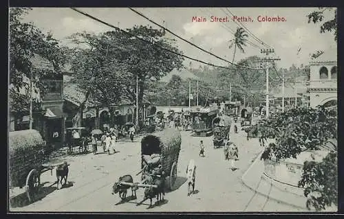 AK Colombo-Pettah, Main Street, Ochsengespann, Strassenbahn