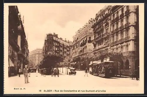 AK Alger, Rue de Constantine et rue Dumont-d`Urville, Strassenbahn