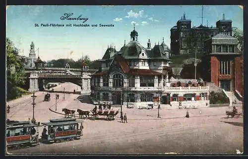 AK Hamburg-St. Pauli, Gasthof Fährhaus mit Hochbahn und Seewarte, Strassenbahn