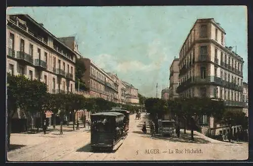 AK Alger, La Rue Michelet, Strassenbahn