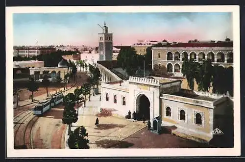 AK Tunis, La Casbah et Boulevard Bab Mènara, Strassenbahn