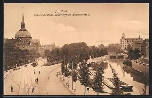 AK Amsterdam, Stadhouderskade, Koepelkerk en American Hotel, Strassenbahn