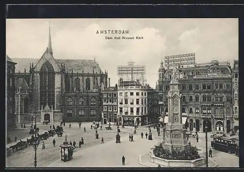 AK Amsterdam, Dam met Nieuwe Kerk, Strassenbahn