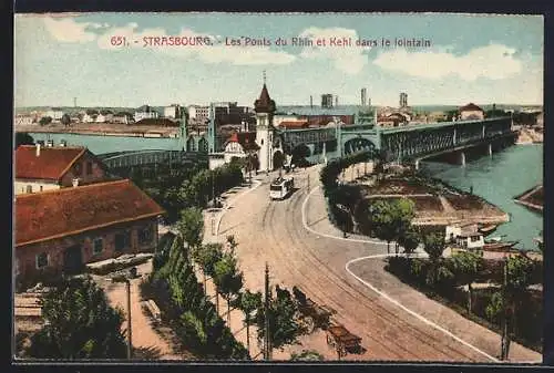 AK Strasbourg, Les Ponts du Rhin et Kehl dans le lointain, Strassenbahn