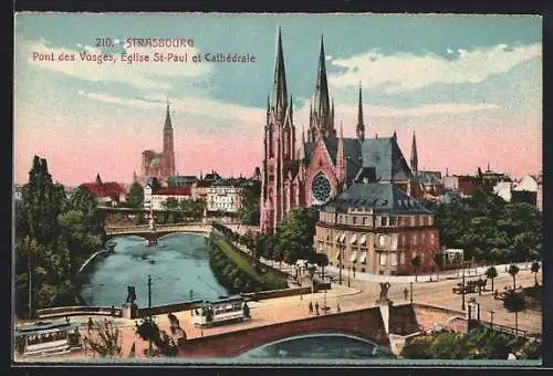 AK Strasbourg, Pont des Vosges, Èglise St-Paul et Cathèdrale, Strassenbahn