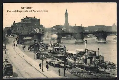 AK Dresden, Dampfschifflandeplatz mit Augustusbrücke und Strassenbahn