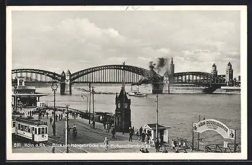 AK Köln /Rh., Blick von Hängebrücke nach Hohenzollernbrücke