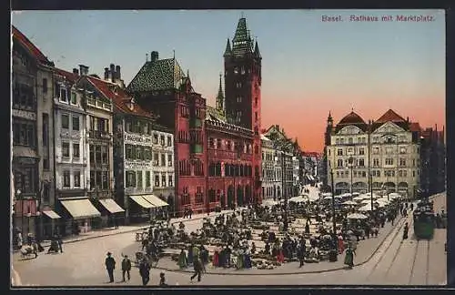 AK Basel, Strassenbahn am Marktplatz mit Rathaus