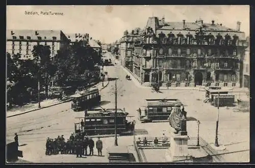 AK Sedan, Strassenbahn am Place Turenne, Rue Thiers