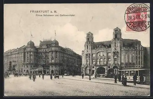 AK Frankfurt a. M., Circus Schumann und Carltown-Hotel, Strassenbahn