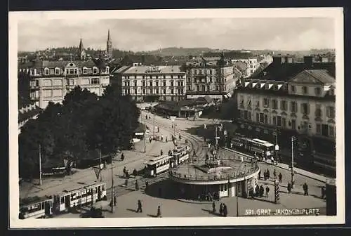 AK Graz, Strassenbahnen auf dem Jakominiplatz