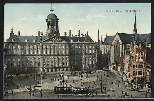 AK Amsterdam, Paleis-Dam, Strassenbahn