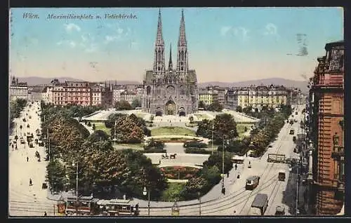 AK Wien IX, Maximilianplatz und Votivkirche, Strassenbahn