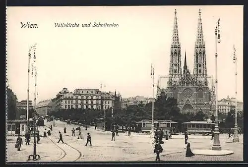 AK Wien, Votivkirche mit Strassenbahn und Schottentor