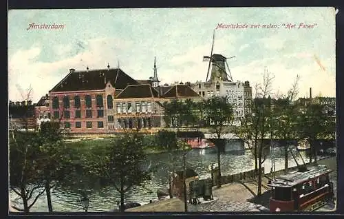 AK Amsterdam, Mauritskade met molen, Strassenbahn