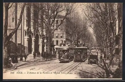 AK Nice, L`Avenue de la Victoire et l`Èglise Notre-Dame, Strassenbahn