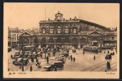 AK Lille, La Gare, Strassenbahn