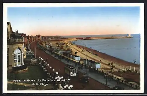 AK Le Havre, Le Boulevard Albert I. et la Plage, Strassenbahn