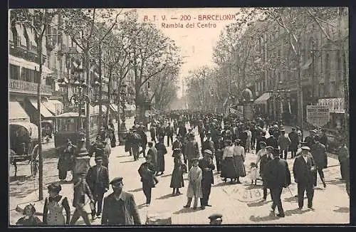 AK Barcelona, Rambla del Centro, Strassenbahn