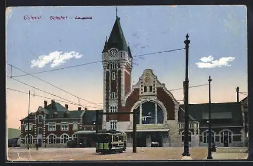 AK Colmar, La gare, tramway, Strassenbahn