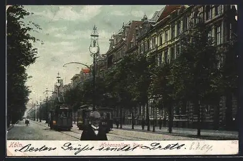 Künstler-AK Köln-Neustadt, Hohenzollernring mit Strassenbahnen