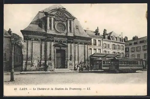 AK Laon, Le Thèatre et la Station du Tramway, Strassenbahn