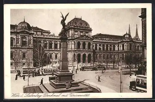 AK Wien, Liebenberg-Denkmal mit Universität und Strassenbahn