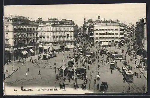 AK Madrid, La Puerta del Sol, Strassenbahn