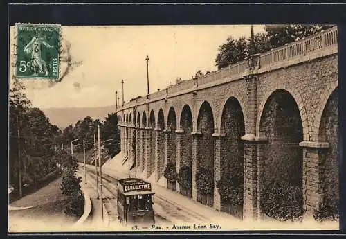 AK Pau, Avenue Lèon Say, Strassenbahn