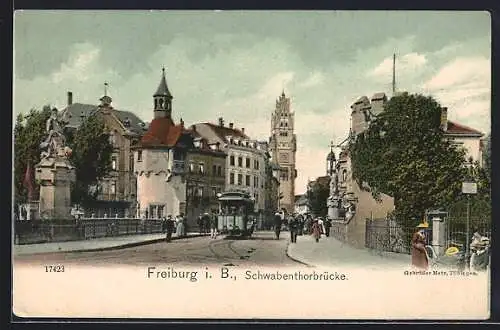 AK Freiburg i. Br., Schwabenthorbrücke mit Strassenbahn