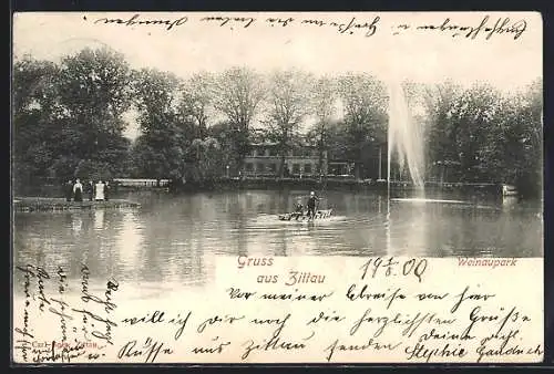 AK Zittau i. Sa., Weinaupark, Ruderer auf dem Teich