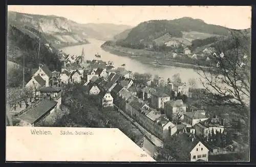 AK Wehlen / Sächs. Schweiz, Ortsansicht und Elbe aus der Vogelschau