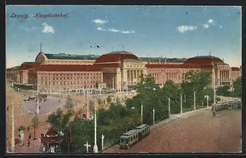 AK Leipzig, Hauptbahnhof und Strassenbahnen