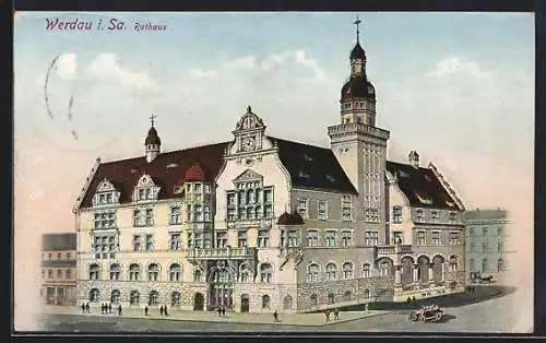 Künstler-AK Werdau i. Sa., Blick auf das Rathaus