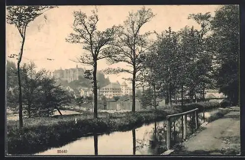 AK Nossen, Partie am Mühlgraben mit Blick auf das Schloss