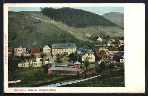 AK Katzhütte, Ortspartie mit Hotel Wurzelberg und Schwarzbad