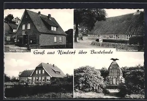 AK Nindorf über Buxtehude, Gemischtwaren Willi Meyer, Kühnes Gasthaus, Schule und Kriegerdenkmal