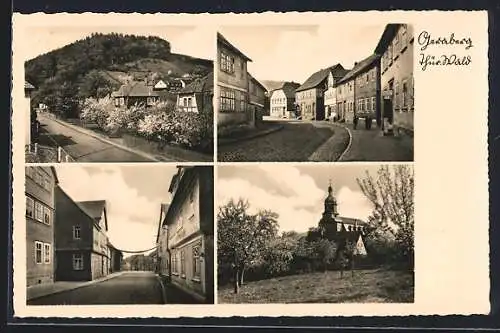 AK Geraberg im Thüringer Wald, Strasse durch die Stadt, Blick zur Kirche, an den Wohnhäusern