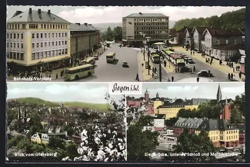 AK Siegen i. W., Bahnhofs-Vorplatz, Blick vom Giersberg, Siegbrücke, Unteres Schloss und Martinikirche