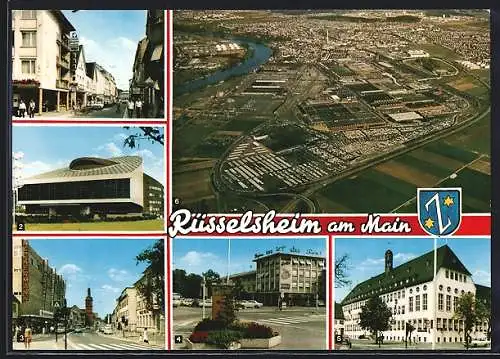 AK Rüsselsheim, Bahnhofstrasse, Stadttheater, Frankfurter Strasse, Am Friedensplatz, Rathaus, Opelwerk