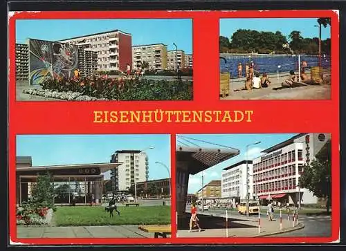 AK Eisenhüttenstadt, Wohnkomplex am Fröbelring, Schwimmbad, Leninallee, Strasse der Republik